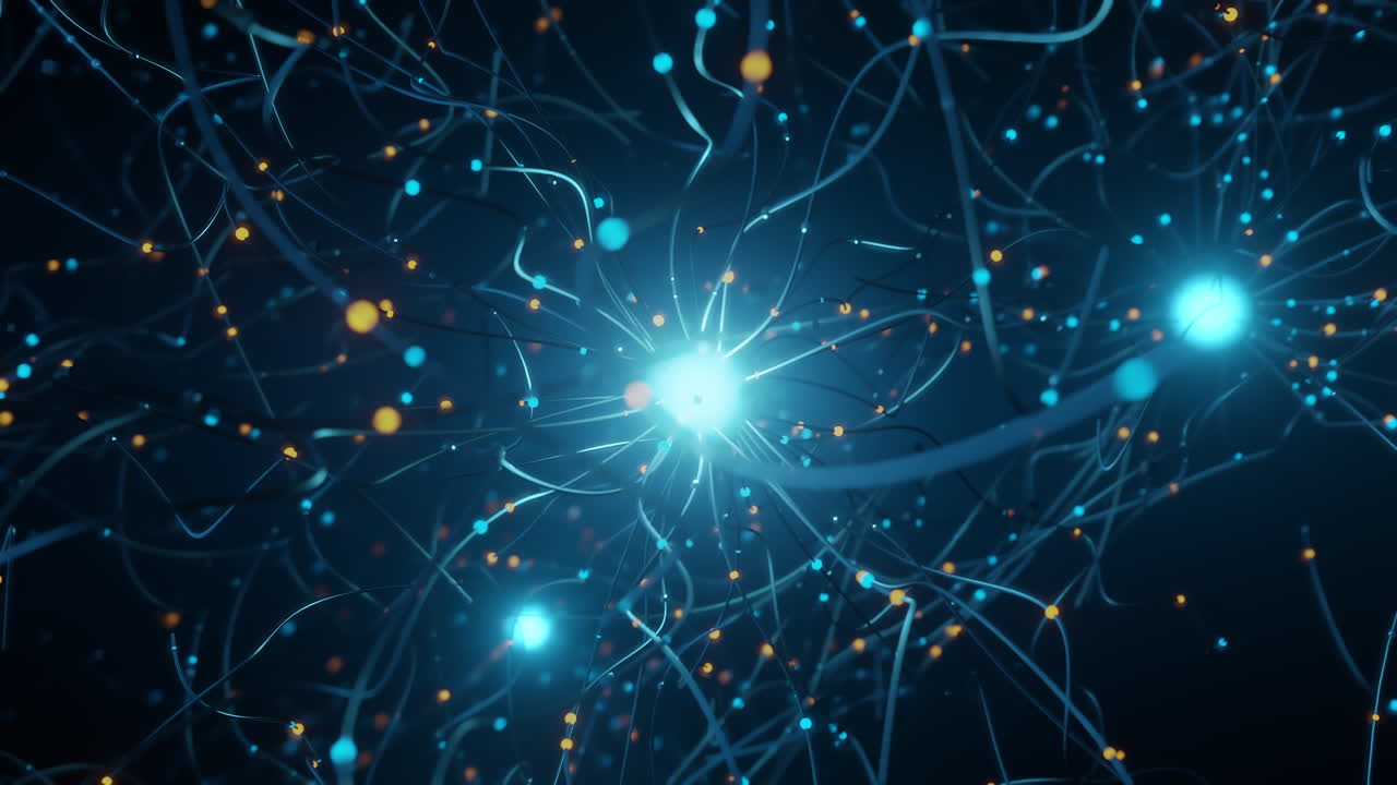 Glowing AI brain with complex neural connections, camera rotating around digital data network in 3D