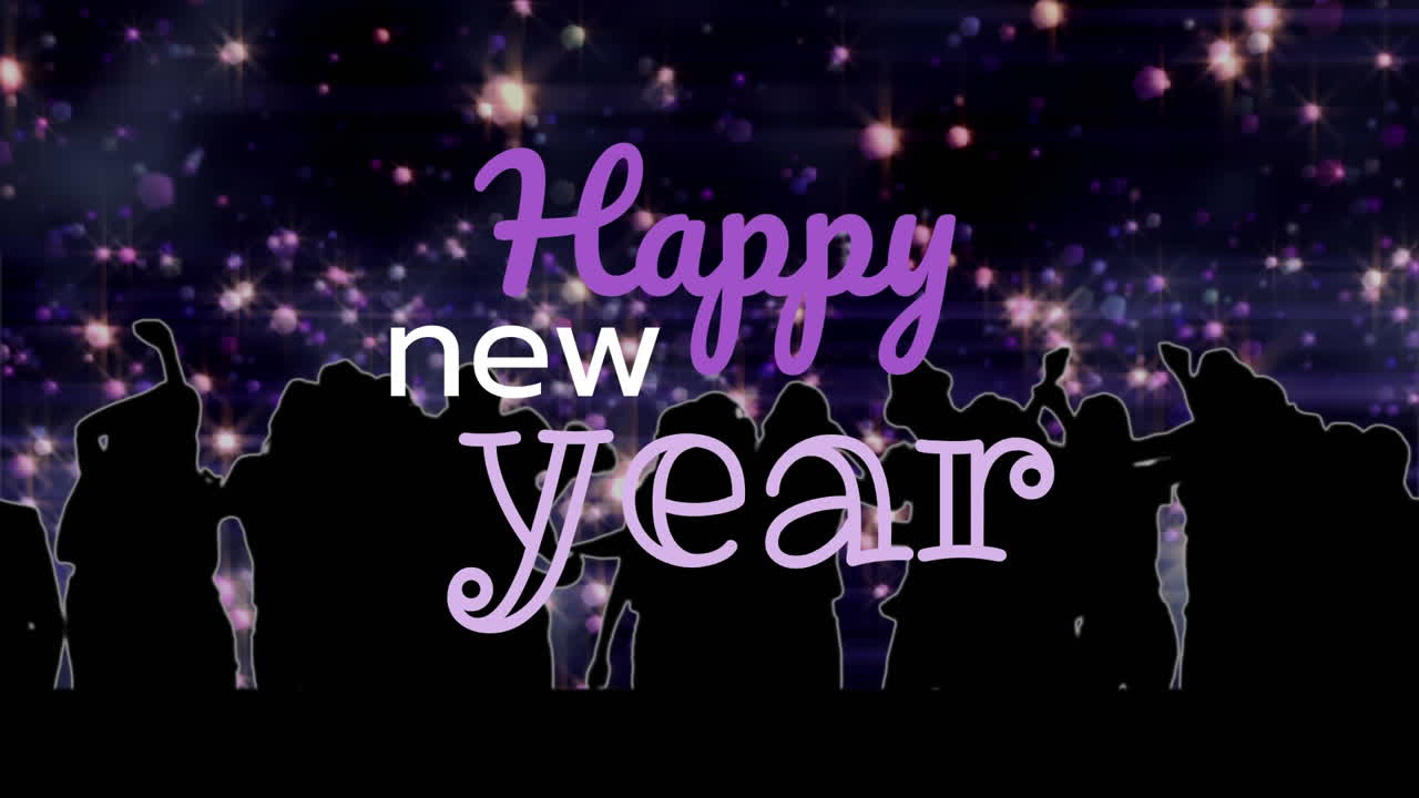 새해 표지판 4k에 대항하여 춤추는 사람들의 실루 ⁇
