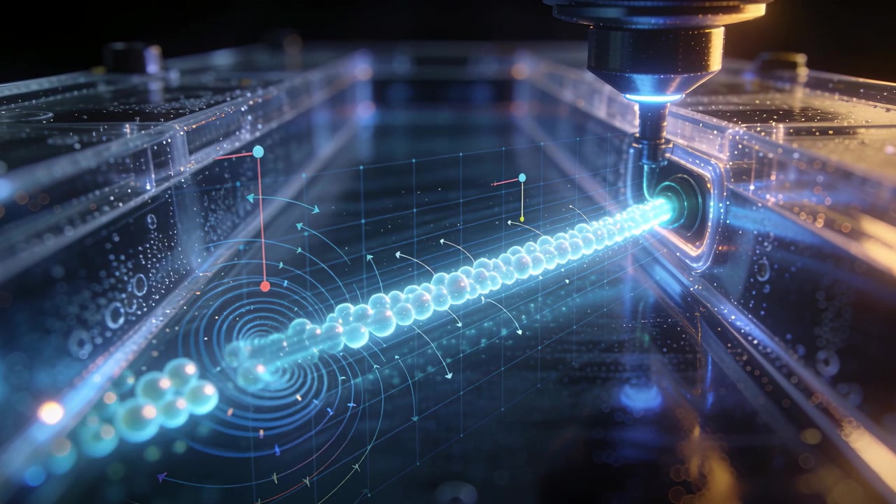 Emitting nozzle projecting glowing filament across lab trough, with HUD markers for diagnostics