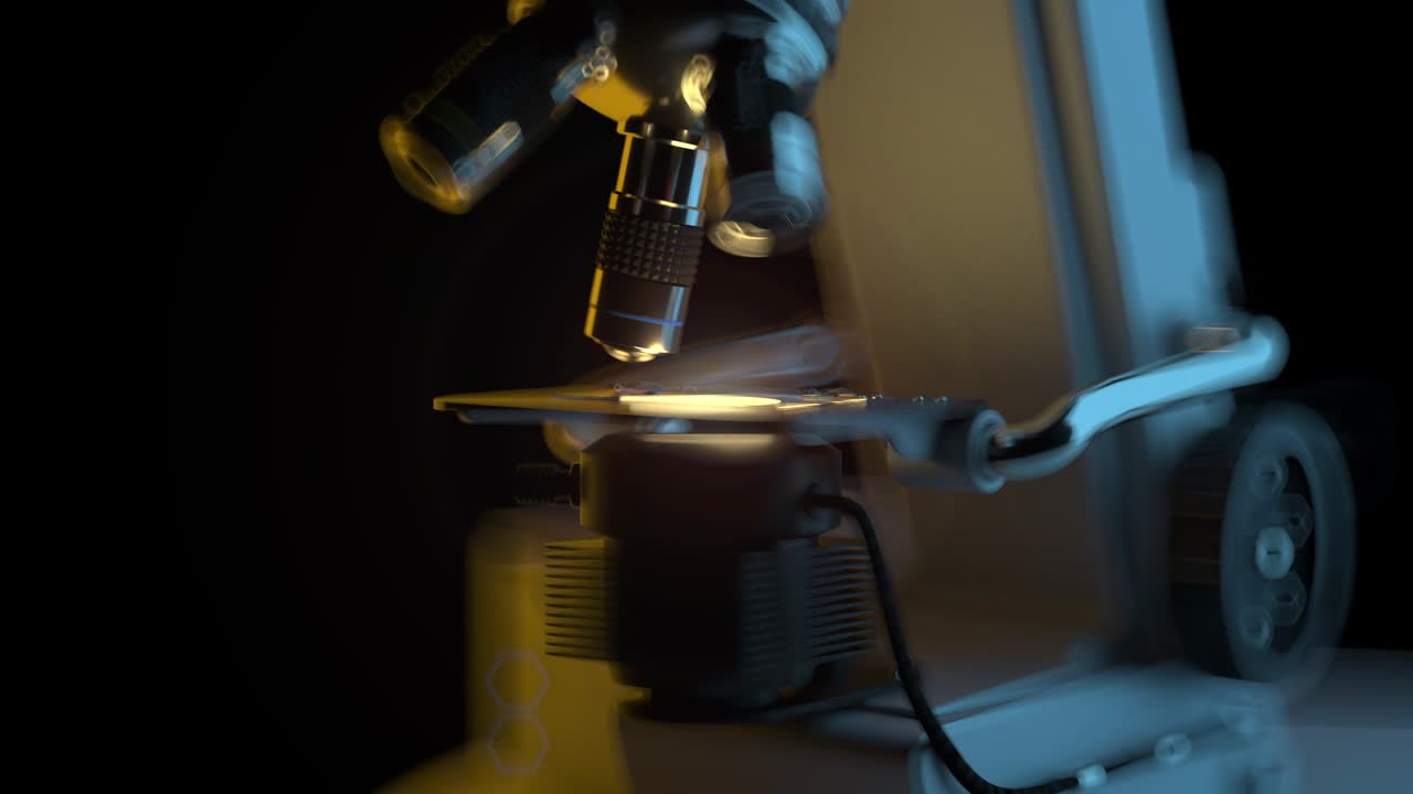 4k 60fps concepto de investigación científica - microscopio electrónico en el trabajo aislado automáticamente en fondo negro, animación uhd cg