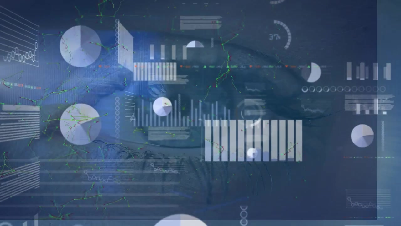 Animation of data processing over businessmen using laptop