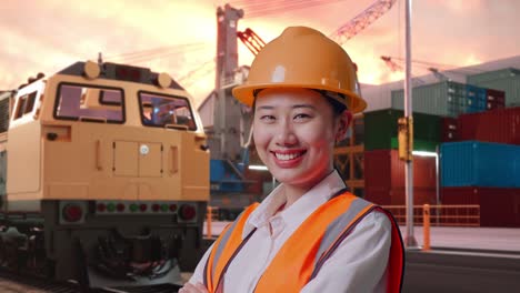 close up side view of asian female engineer with safety helmet crossing her arms and smiling to camera with freight cargo train at port