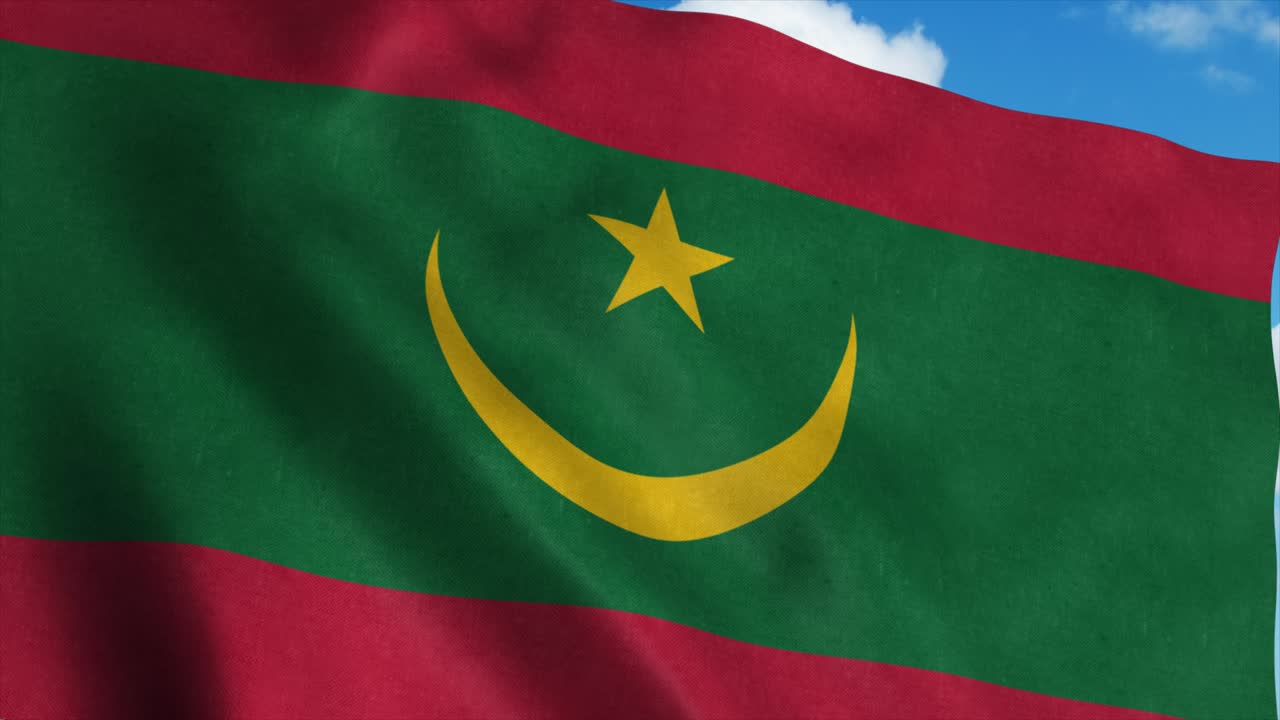 Mauritania flag on a flagpole waving in the wind, blue sky background. 4K