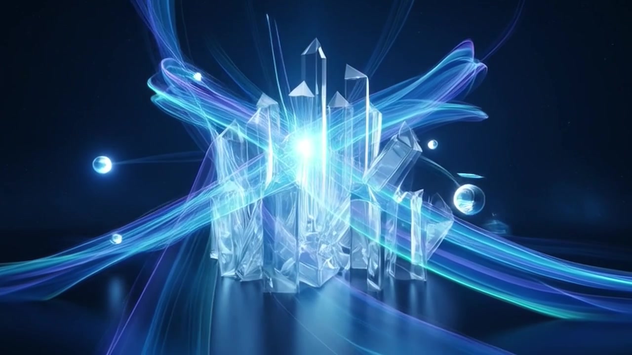 Abstract 3D Animation of Glowing Crystals with Flowing Blue Light Trails