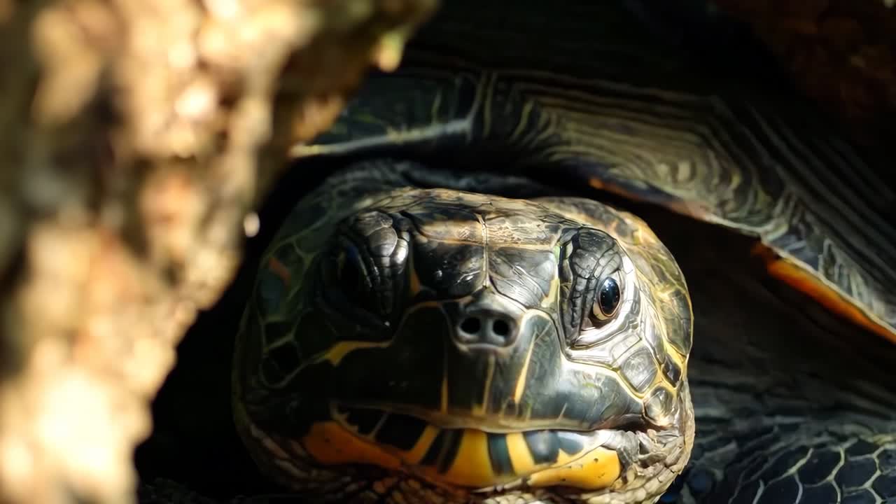 черепаха, выглядывающая из дыры на дереве.