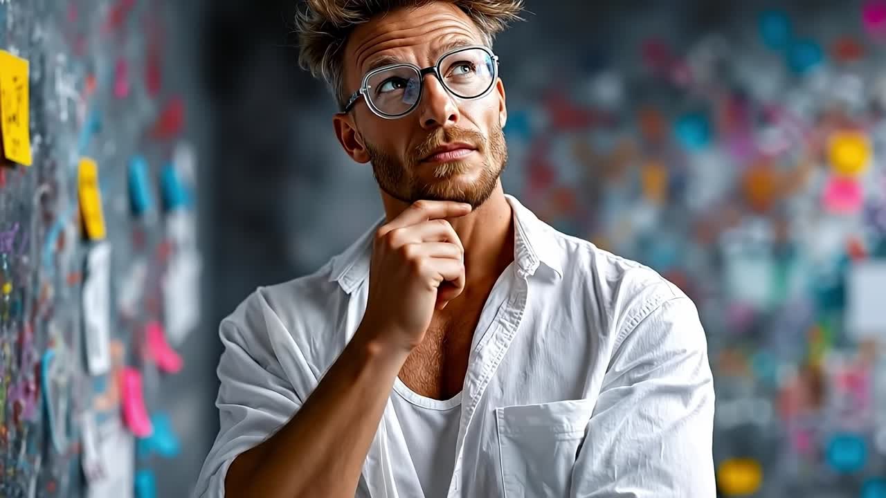 A man wearing glasses standing in front of a wall covered in sticky notes