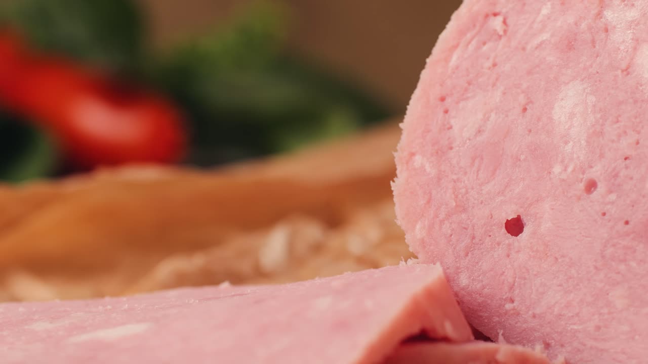 Ham italian mordatella, man Slices Of Traditional Italian antipasti mortadella sausage on a wooden cutting board, close up macro of chicken or turkey jamon, fat breakfast dish.
