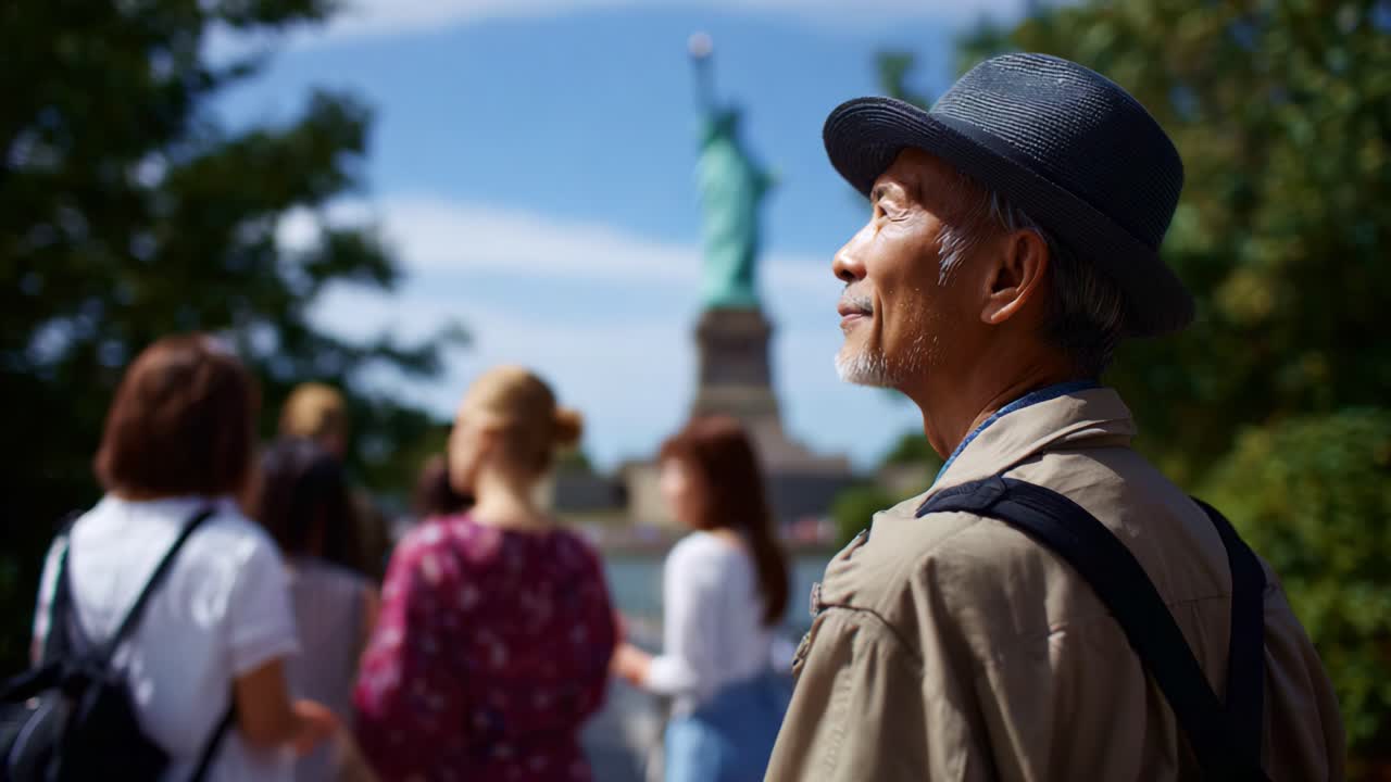 明るい日差しの下、緑豊かな自然と澄み切った青空に囲まれ、自由の女神像を眺める観光客を観察する年配の男性
