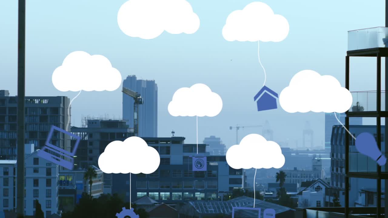 Animation of clouds with electronic devices over cityscape