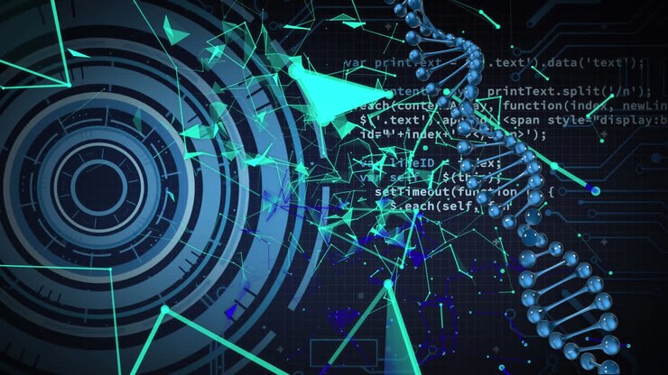 Animation of data processing and dna strand on blue background
