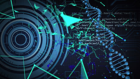 animación del procesamiento de datos y la cadena de adn en fondo azul