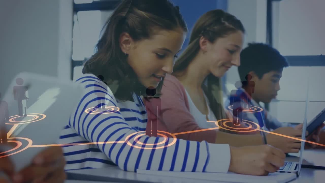 animación de la red de conexiones con iconos sobre los estudiantes en la escuela