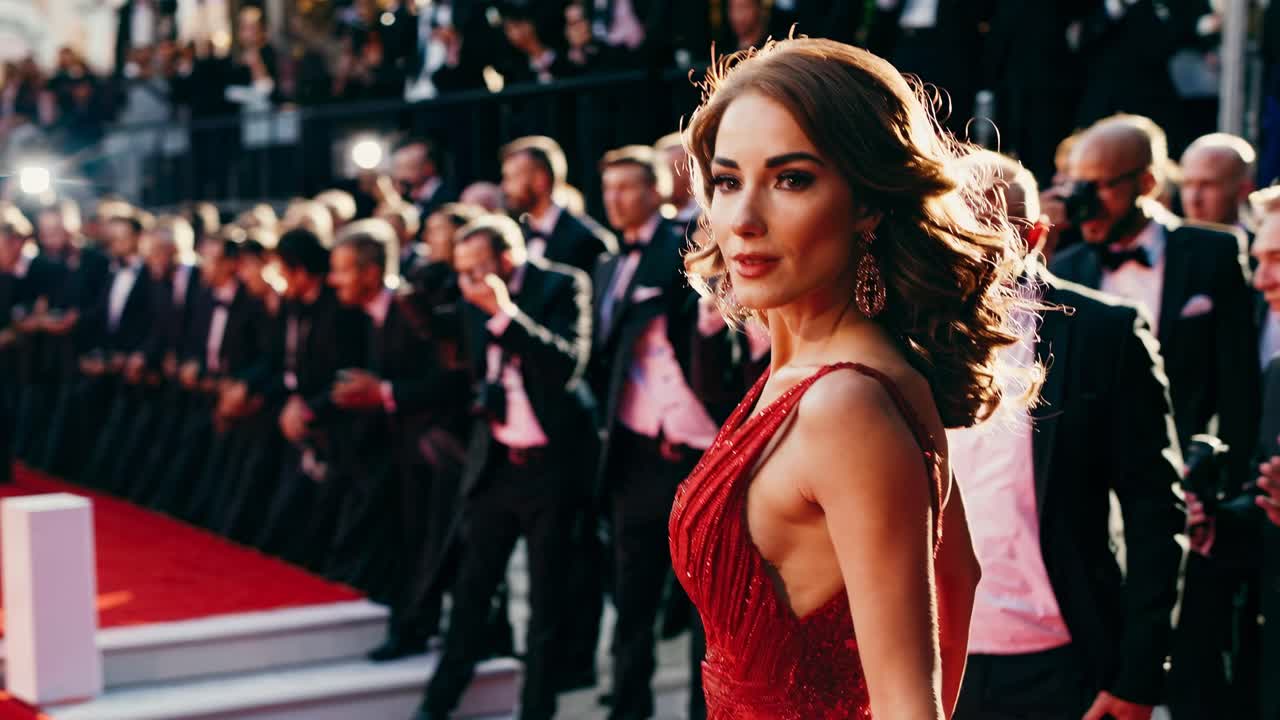 Glamorous red carpet event captured from a side angle, showcasing a woman in a red dress amidst