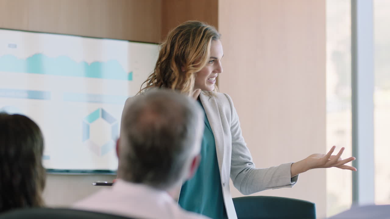 hermosa mujer de negocios líder de equipo presentando datos financieros en la televisión proyecto de intercambio de pantalla con los accionistas informando a los colegas discutiendo ideas en la sala de juntas de la oficina presentación