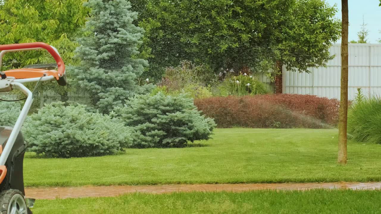 정원, 잔디, 꽃에 물을 뿌리는 클로즈업, 빛에 물방울, 풀과 꽃에 대한 자동 관개 시스템.