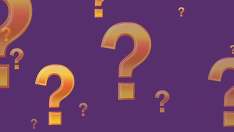animación de signos de interrogación amarillos volando sobre un fondo púrpura