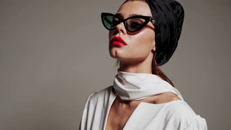 stylish woman in a black turban and white outfit