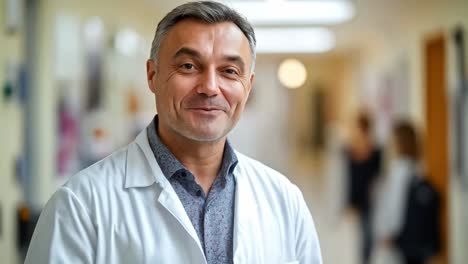 a smiling doctor in a hospital hallway