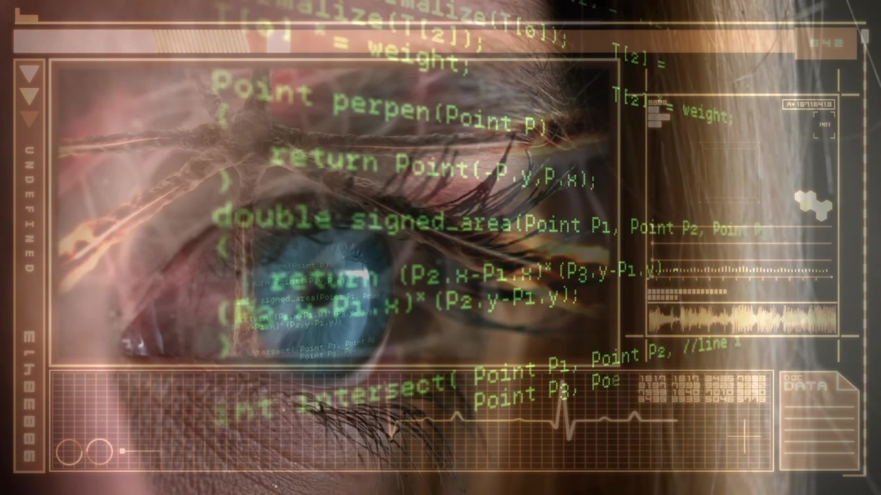 Animación de interfaz con procesamiento de datos sobre un primer plano de un ojo femenino