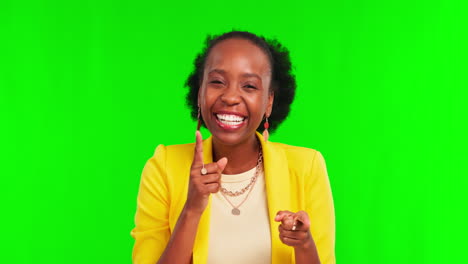 Face,-green-screen-and-black-woman-pointing-to