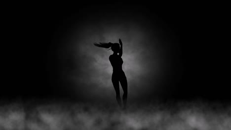 A-modern-youth-dance-performed-by-a-graceful-and-sexy-female-silhouette,-in-the-smoke-against-the-backdrop-of-spotlights