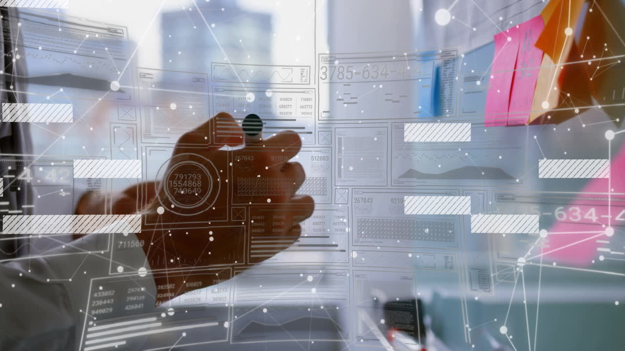 Hand interacting with digital interface over futuristic data processing animation