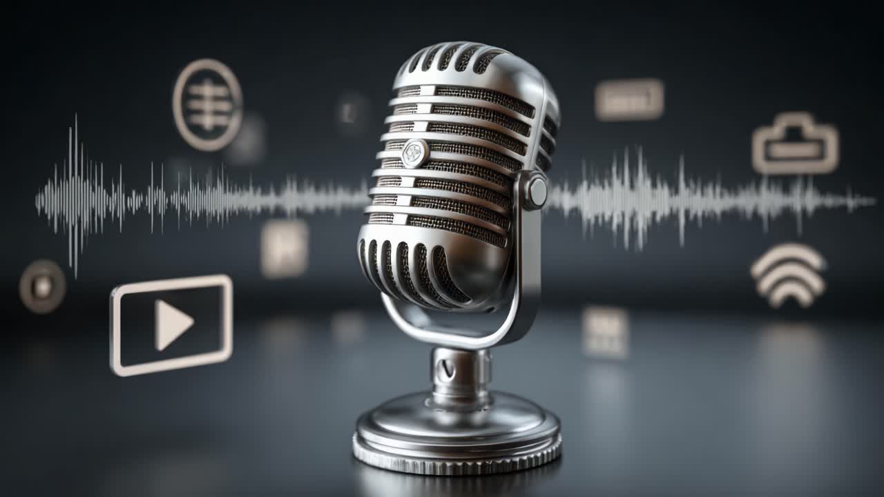 A Gleaming Microphone Captured Elegantly Amidst Audio Waveforms and Digital Icons, Symbolizing Modern Communication and Creative Expression in Digital Media