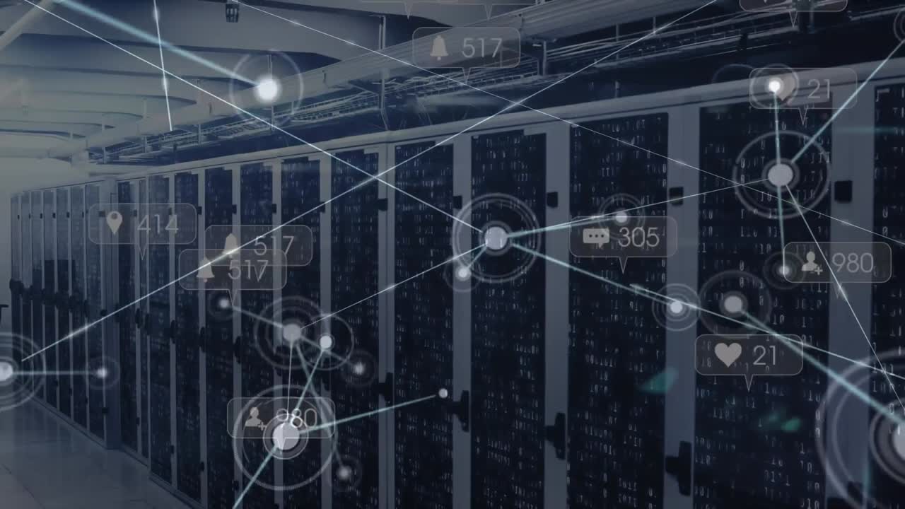Animation of media icons and network of connections over server room