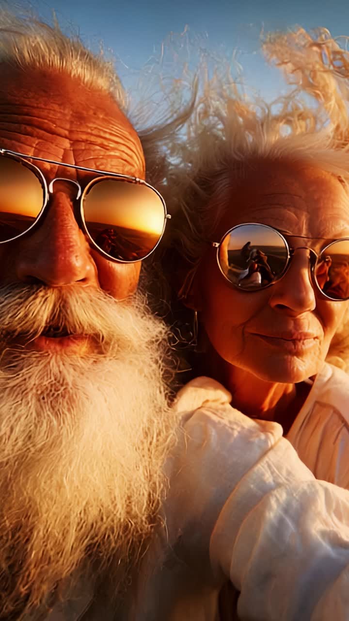 Una coppia felice si gode un tramonto insieme, immortalando un momento memorabile con occhiali da sole a specchio che riflettono i colori vivaci del cielo e il loro amore