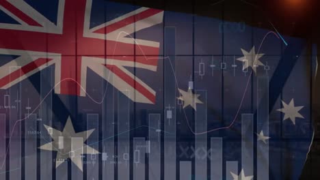 animación de la bandera australiana ondeando con múltiples gráficos sobre el paisaje urbano a través de la ventana