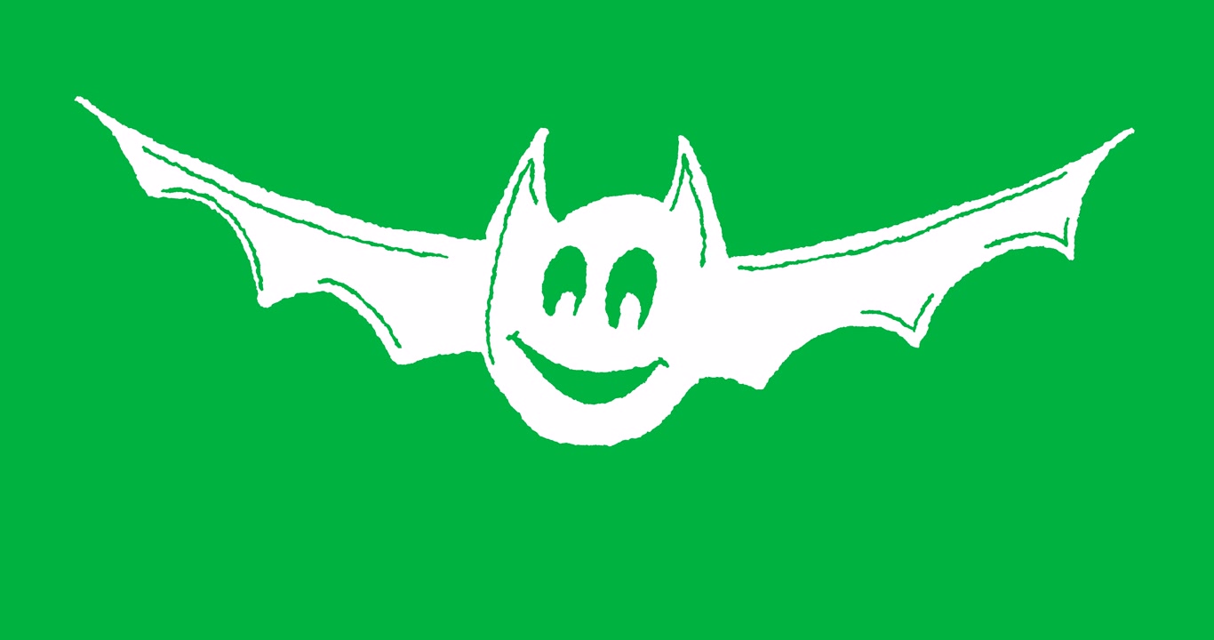 Ilustración animada de murciélago blanco sobre fondo de pantalla verde