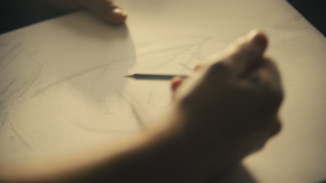 태양이 창에서 패드를 비추는 동안 예술가는 스케치 패드에 얼굴을 그립니다.