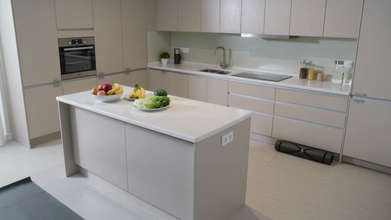 La telecamera panoramica rivela un'isola centrale in una cucina moderna, mostrando ciotole di frutta e una presa di corrente.