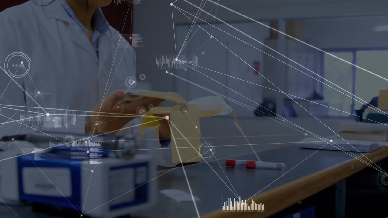 Animation of connected dots, graph icons, female scientist reading reports in laboratory