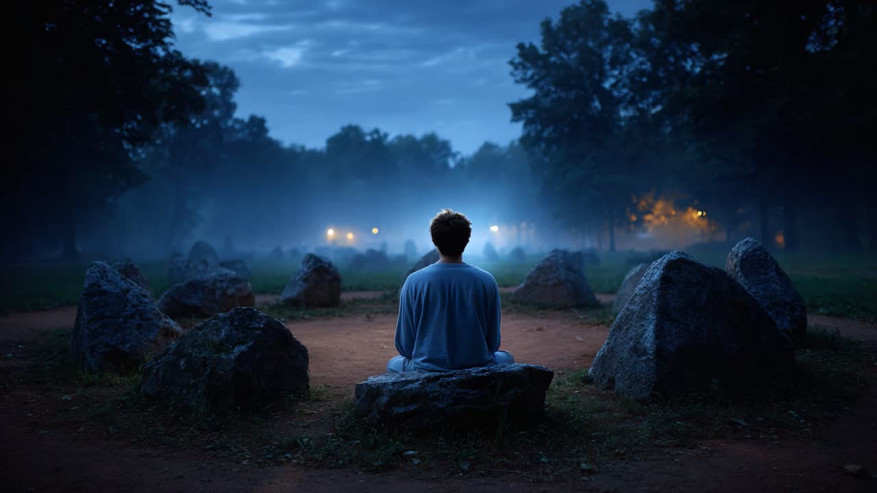 A Serene Evening Meditation: A Contemplative Figure Sitting Among Stones in a Misty Park at Dusk, Surrounded by Tranquil Nature and Soft Lighting
