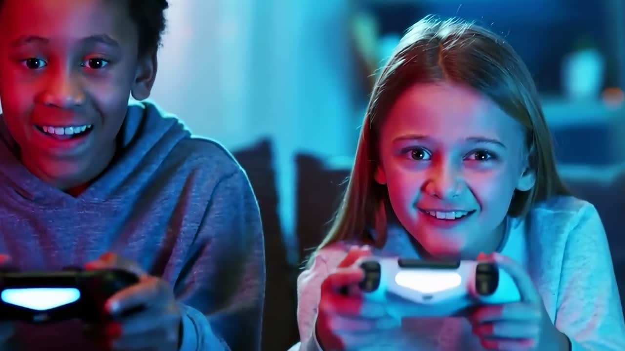 Two kids intensely playing video games, captured in a close-up, low-angle shot with vibrant