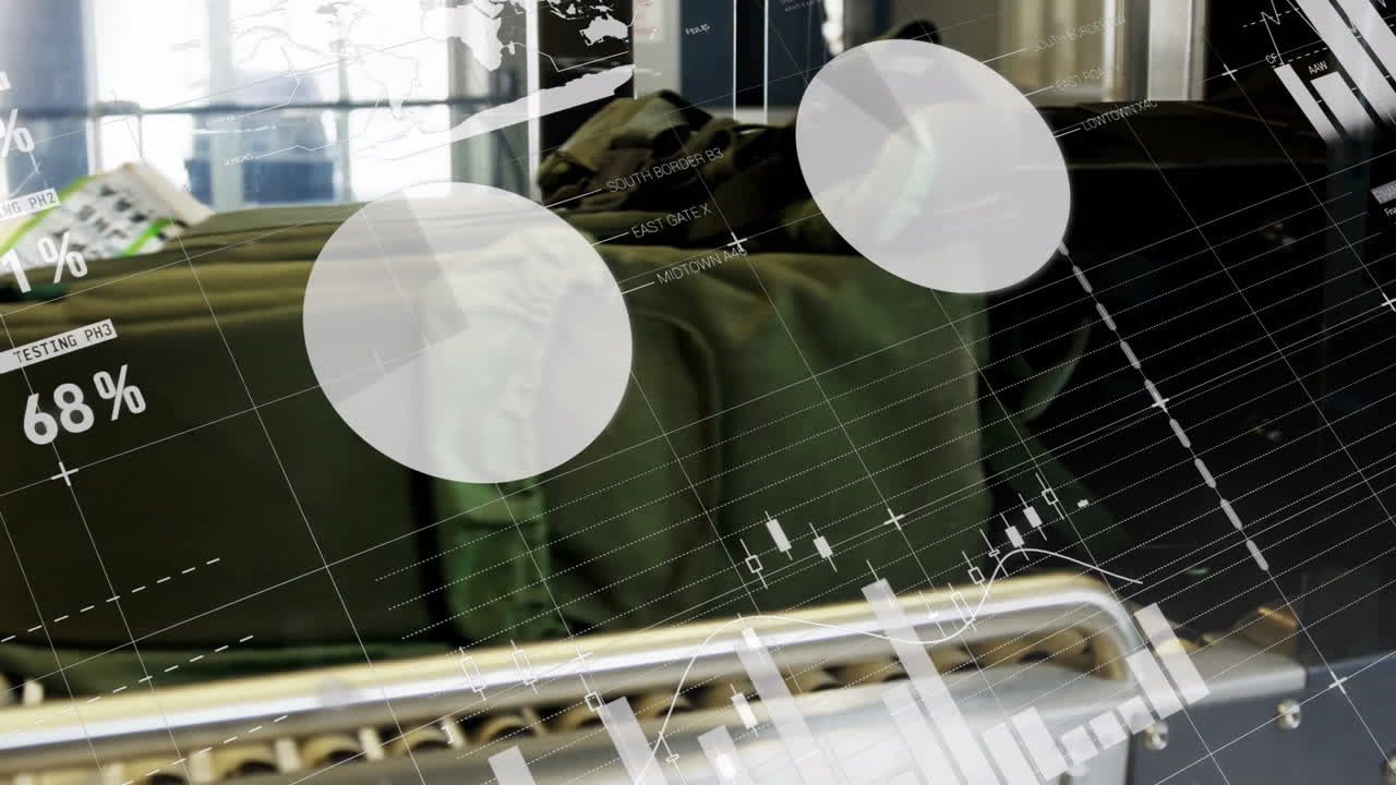 In factory, animation of abstract data visualization overlaying industrial machinery