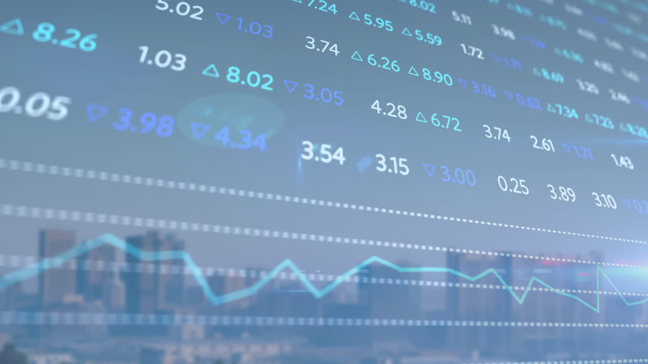 animación del mercado de valores y diagramas sobre el paisaje urbano