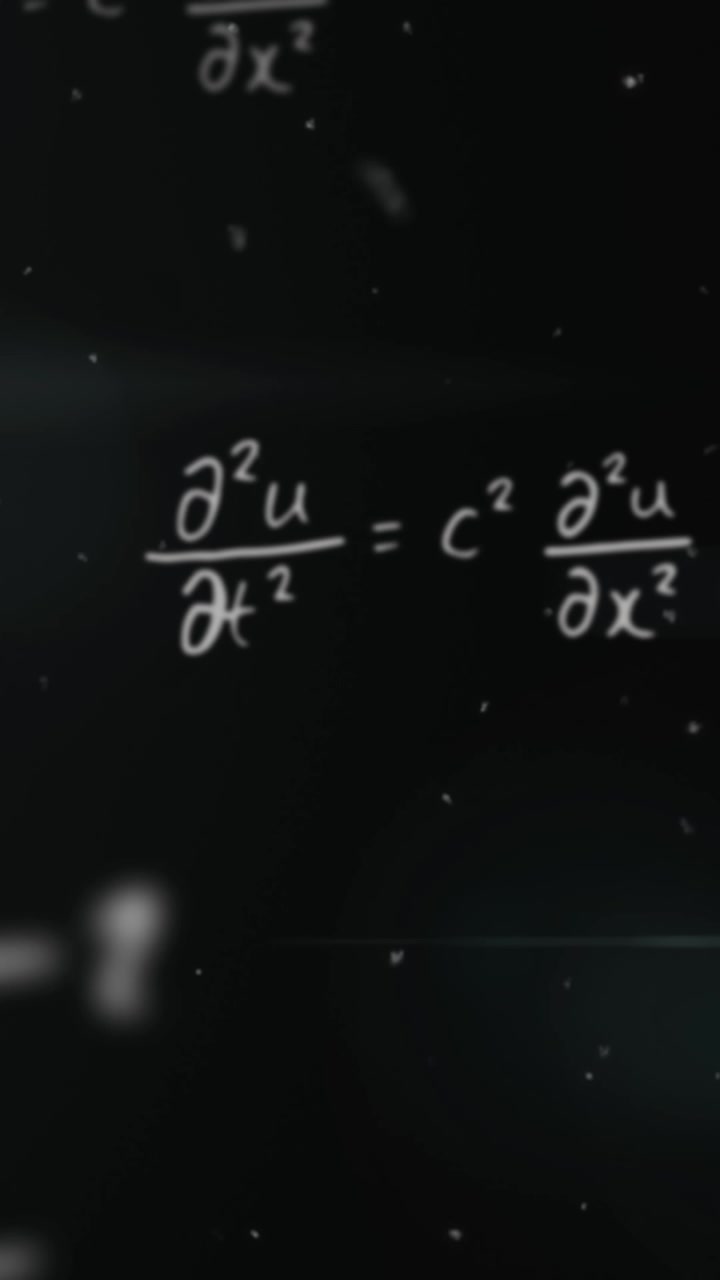 Animazione di equazioni matematiche, un punto luce e particelle bianche su sfondo nero.