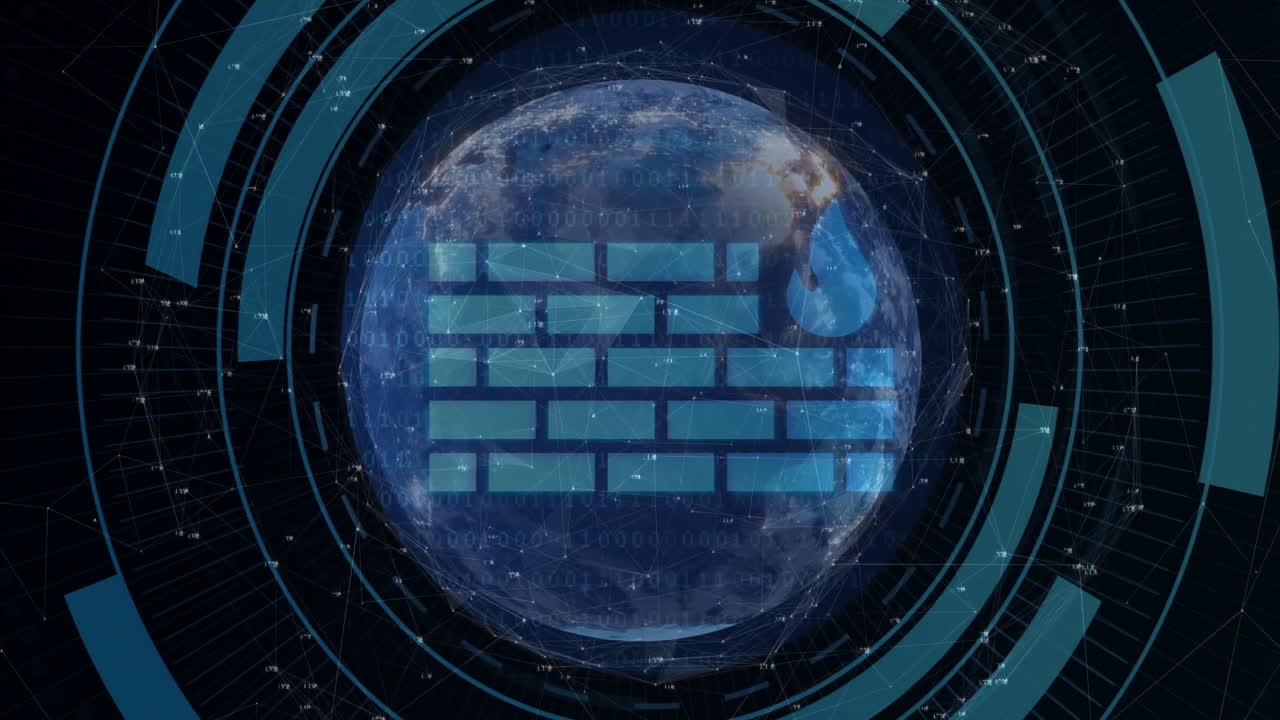 Animation of digital firewall icon with network connections over Earth