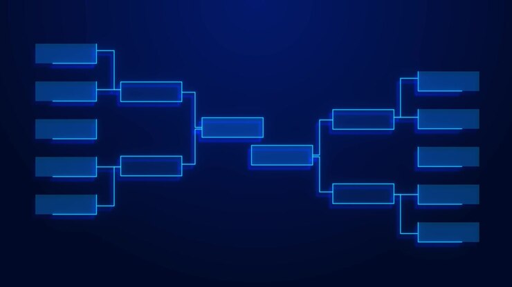 Minimal blue network diagram linked rectangular nodes creates a futuristic organizational structure