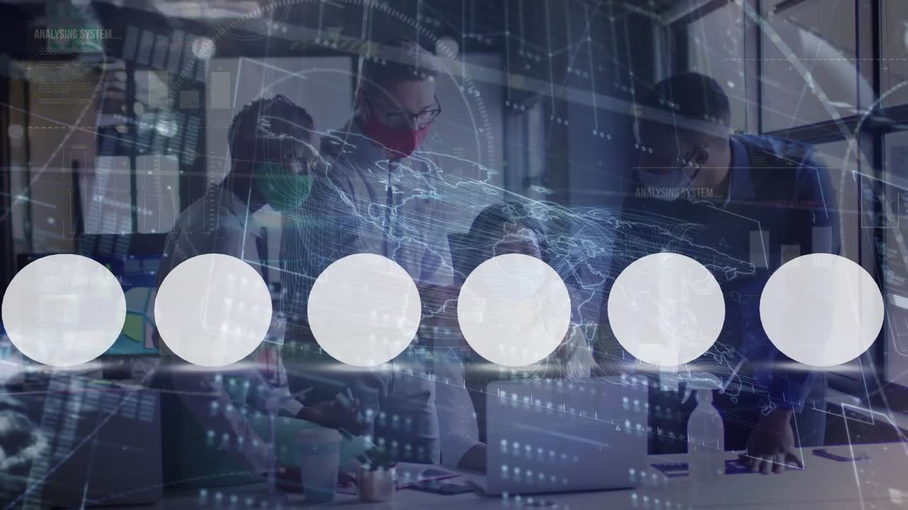 Animation of financial data processing over diverse business people and city