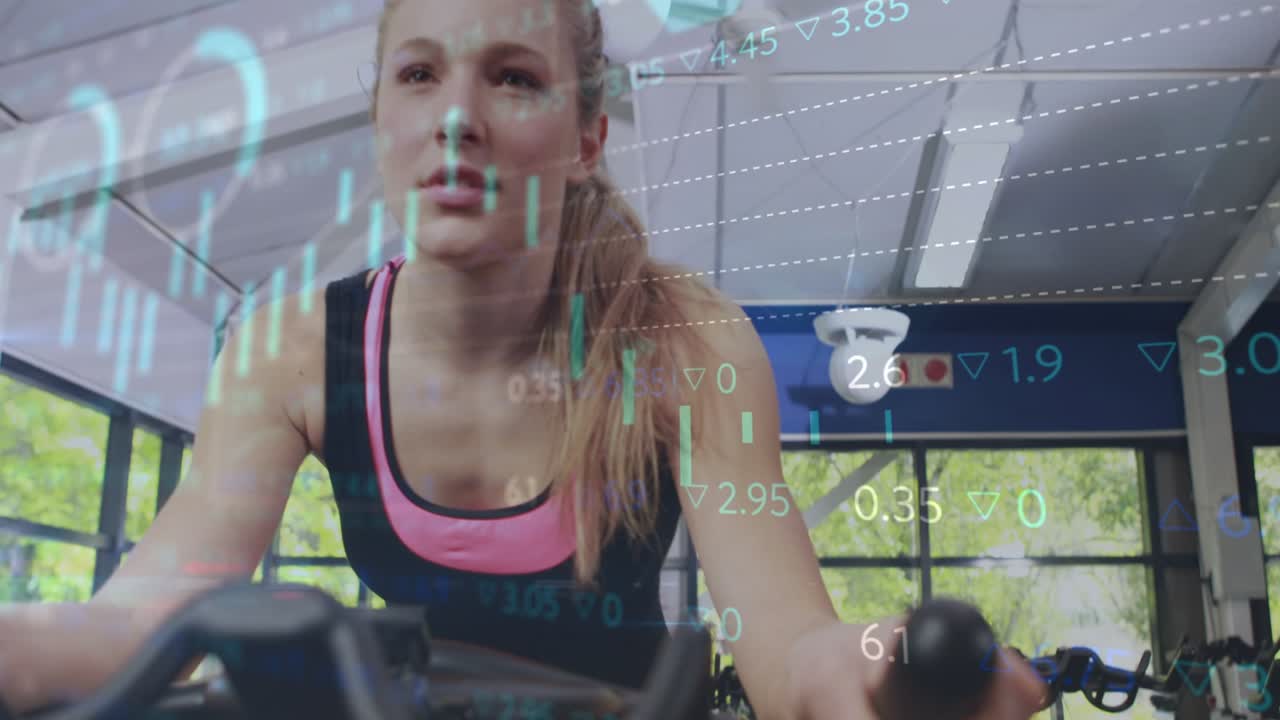 Woman cycling leaning forward adjusting grip, camera closing while metrics overlay tracking fitness