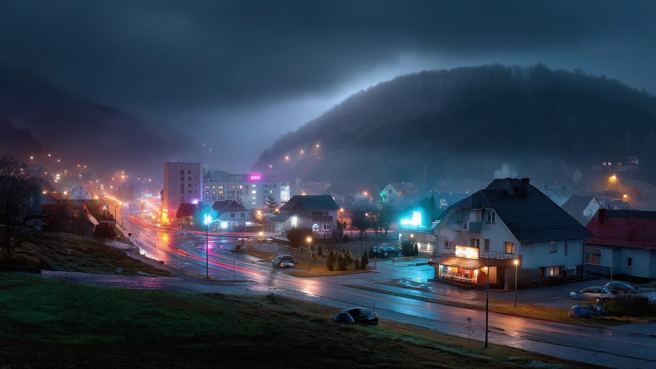 A Mesmerizing Nightscape: Ethereal Lights and Misty Mountains Blend in an Enchanting Urban Scene at Twilight, Capturing the Serenity of a Small Town's Nighttime Vibe