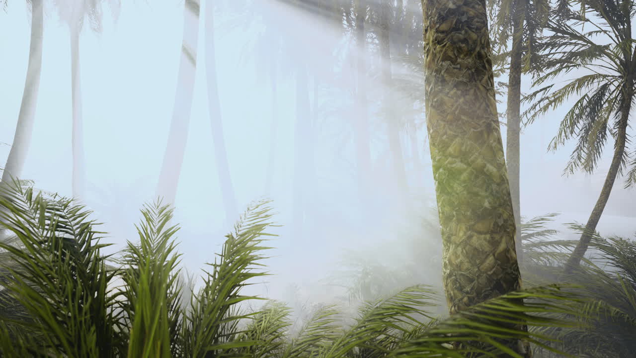 Misty morning in a tropical forest with palm trees and lush greenery