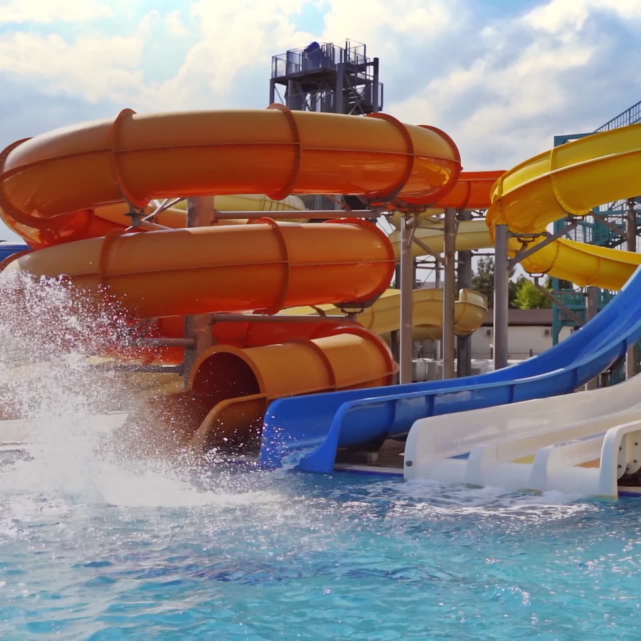 Colorful waterslides and pool