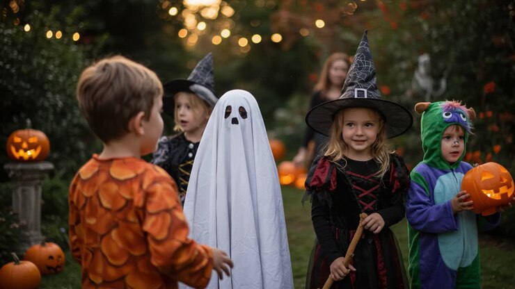 A Spooky Halloween Gathering: Children Embrace the Spirit of Halloween with Costumes, Pumpkins, and Ghostly Fun in a Festive Outdoor Setting