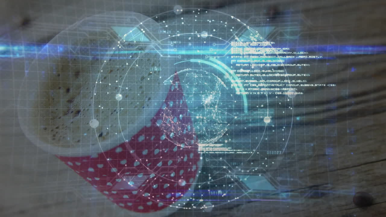 White ceramic latte cup hovering above wood tabletop, showing 3D render globe, data nodes and code