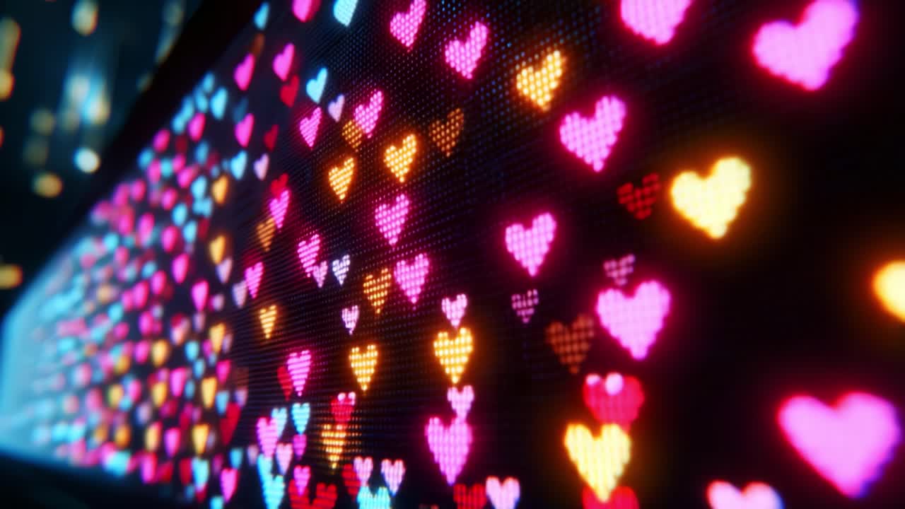 A Vibrant Display of Colorful Pixelated Hearts Creating a Warm Atmosphere of Love and Affection in a Dynamic Background of Light and Patterns Captured in Two Dramatic Frames