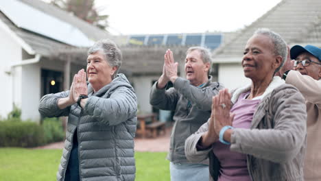 prayer, yoga or senior friends in fitness training